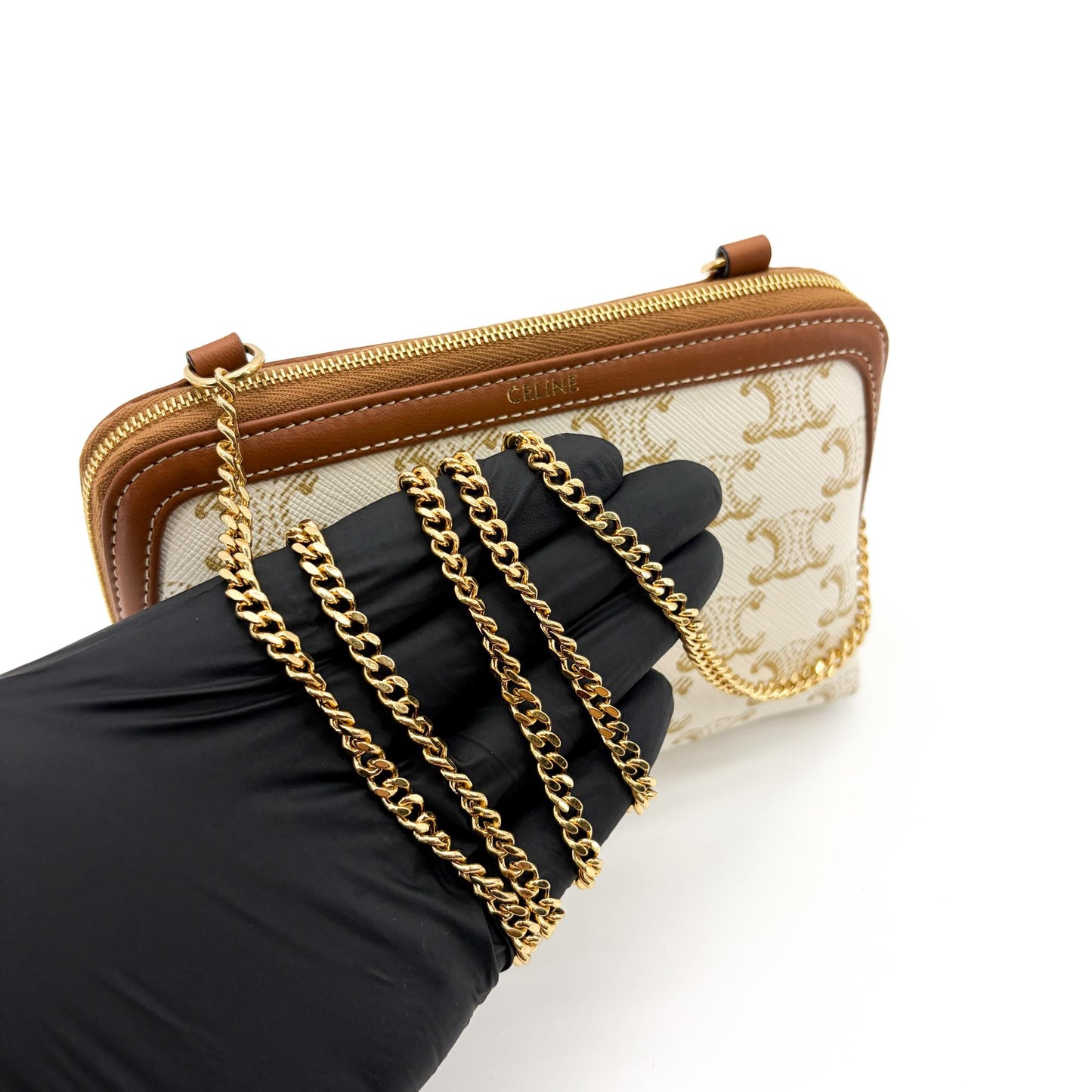 Celine Triomphe Canvas White Mini Pouch on Chain