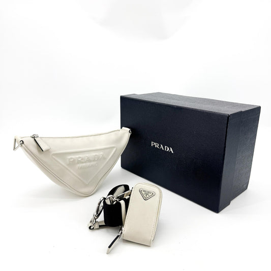 Prada Triangle Leather Crossbody Bag White
