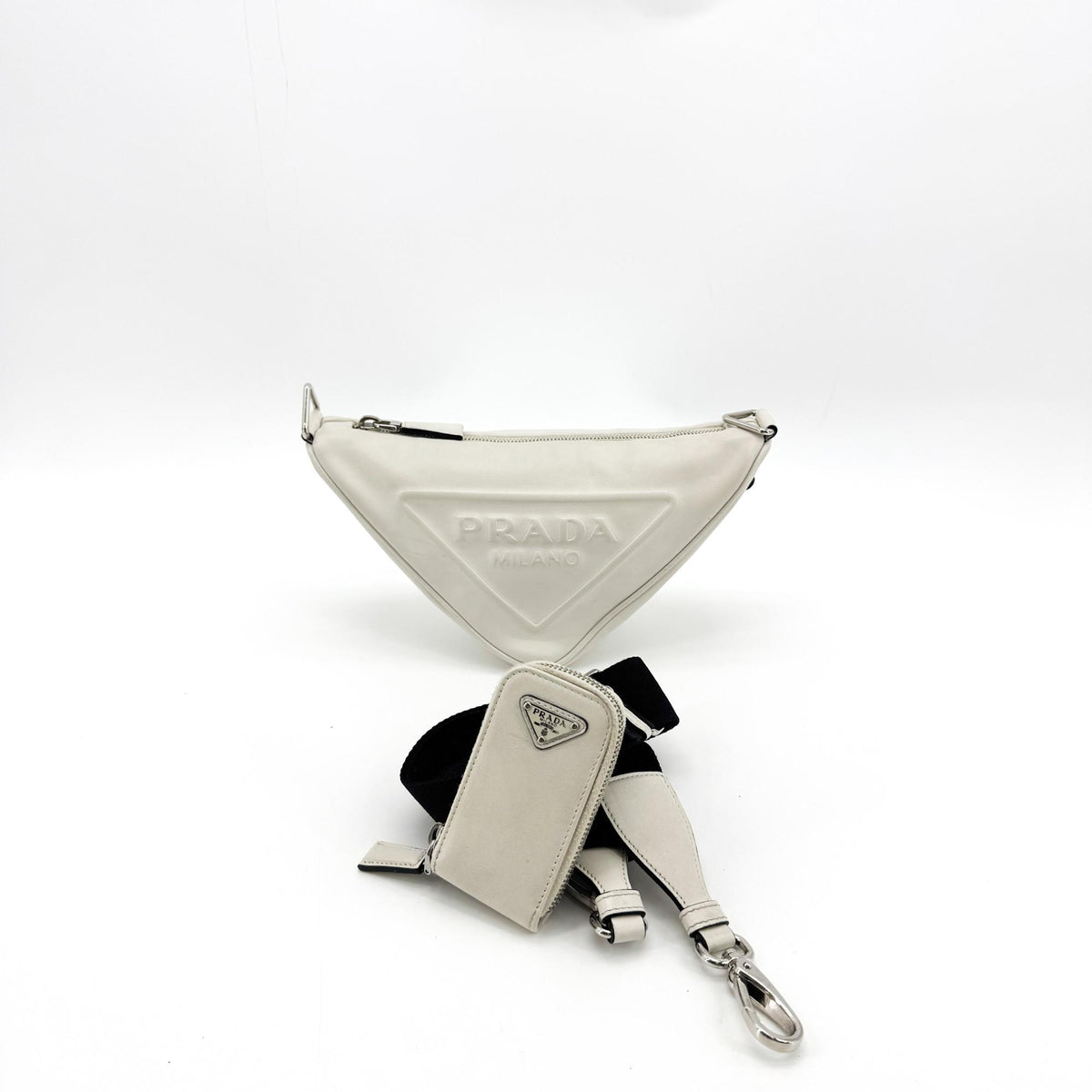 Prada Triangle Leather Crossbody Bag White
