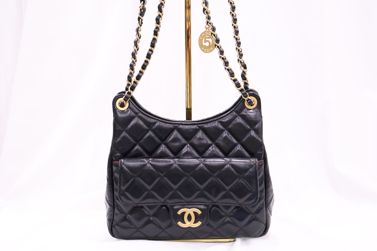 Pocket Chain Shiny Crumpled Calf Chain Small Hobo Shoulder Bag AS4323 Black