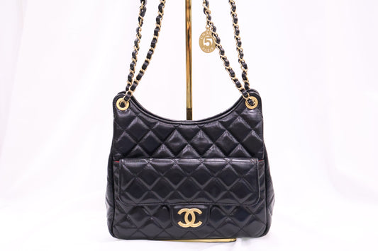 Pocket Chain Shiny Crumpled Calf Chain Small Hobo Shoulder Bag AS4323 Black