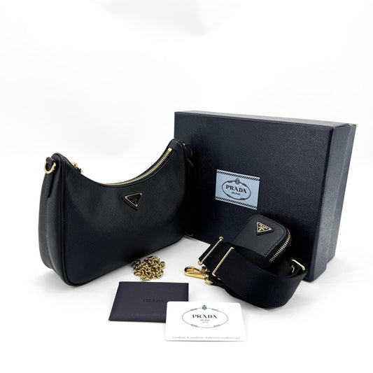 Prada Saffiano Leather Re-edition 2005 Crossbody Bag Black Gold Hardware