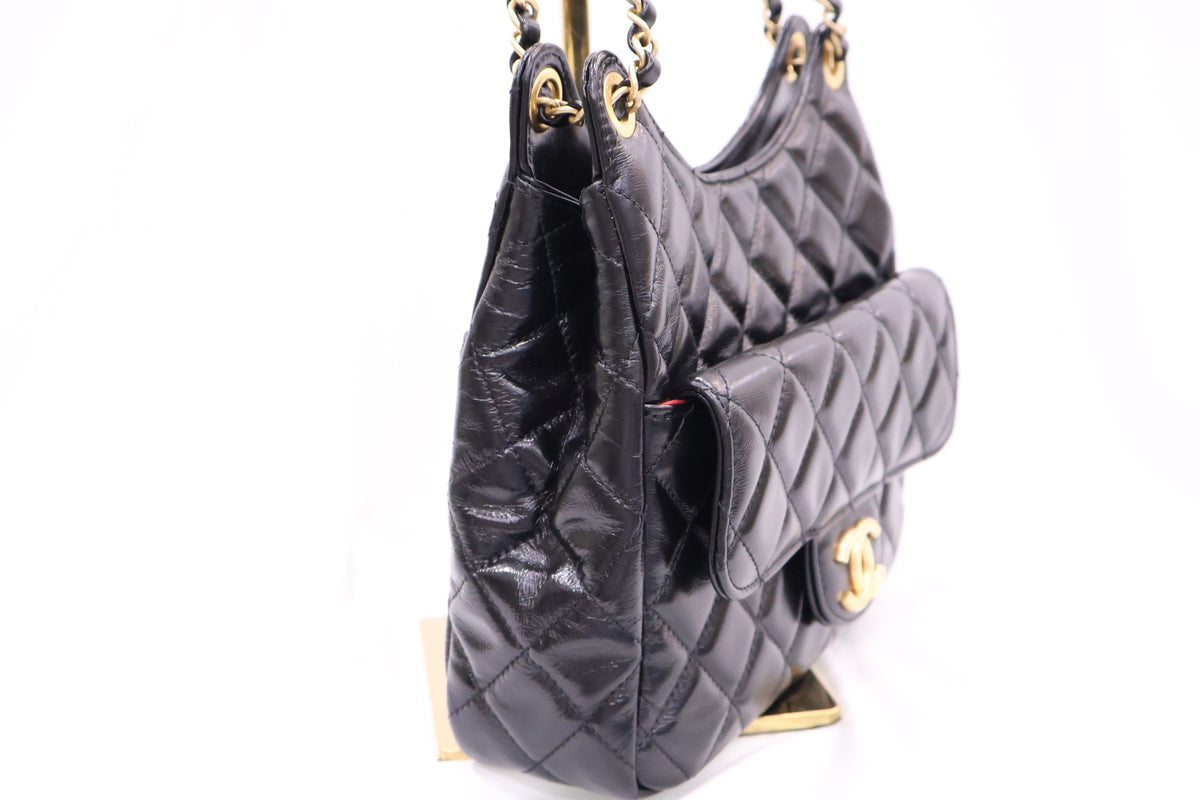 Pocket Chain Shiny Crumpled Calf Chain Small Hobo Shoulder Bag AS4323 Black