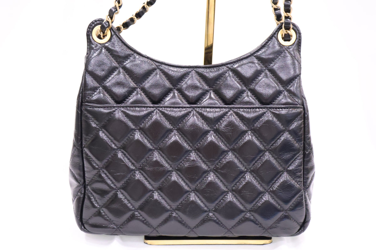 Pocket Chain Shiny Crumpled Calf Chain Small Hobo Shoulder Bag AS4323 Black