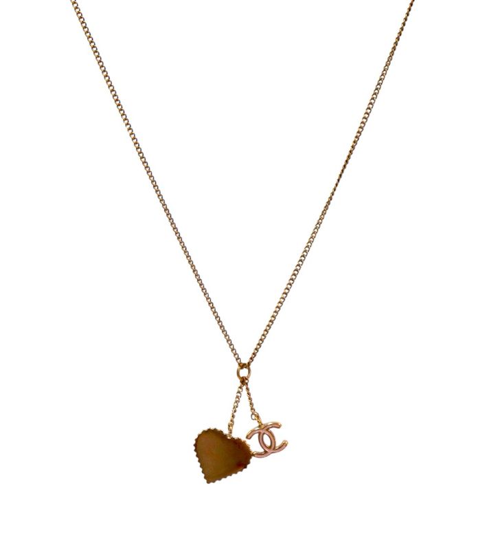 Chanel Pink Heart CC Gold Necklace