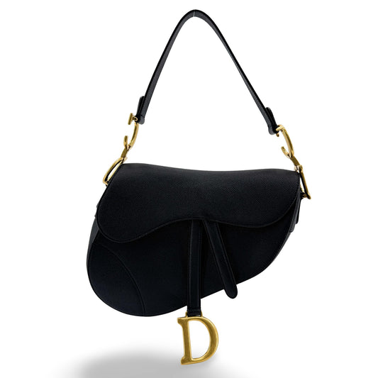 Dior Medium Saddle Bag Grained Calfskin Black Gold Hardware