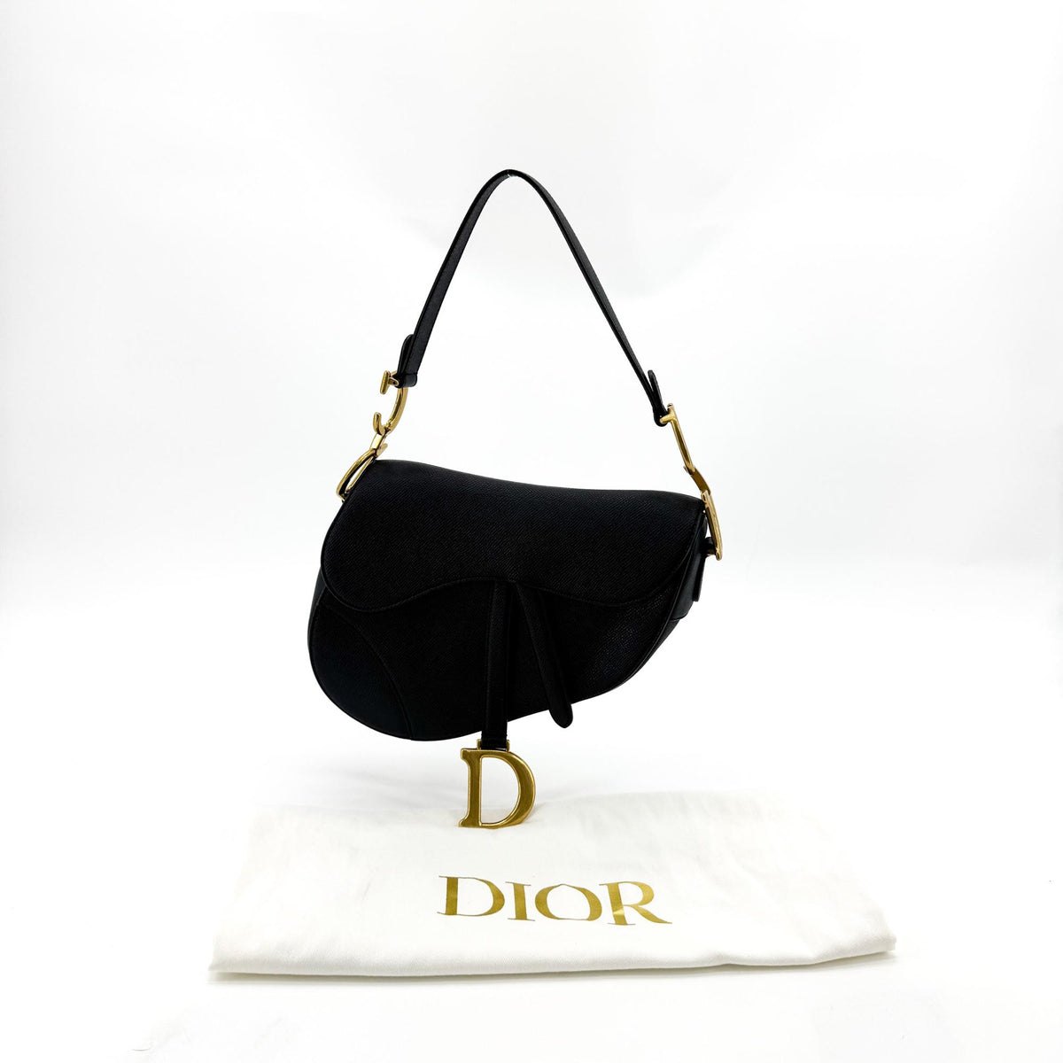 Dior Medium Saddle Bag Grained Calfskin Black Gold Hardware