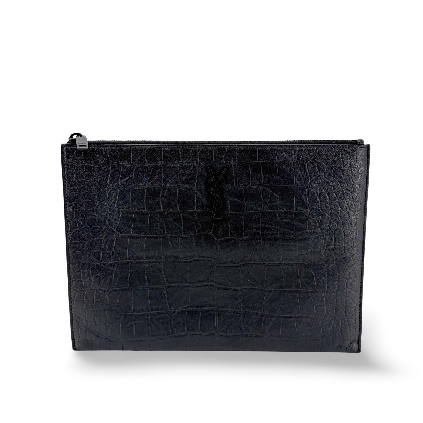 Saint Laurent Monogram Crocodile Embossed Leather Document Holder Black