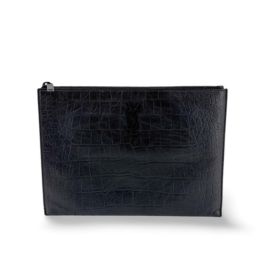 Saint Laurent Monogram Crocodile Embossed Leather Document Holder Black