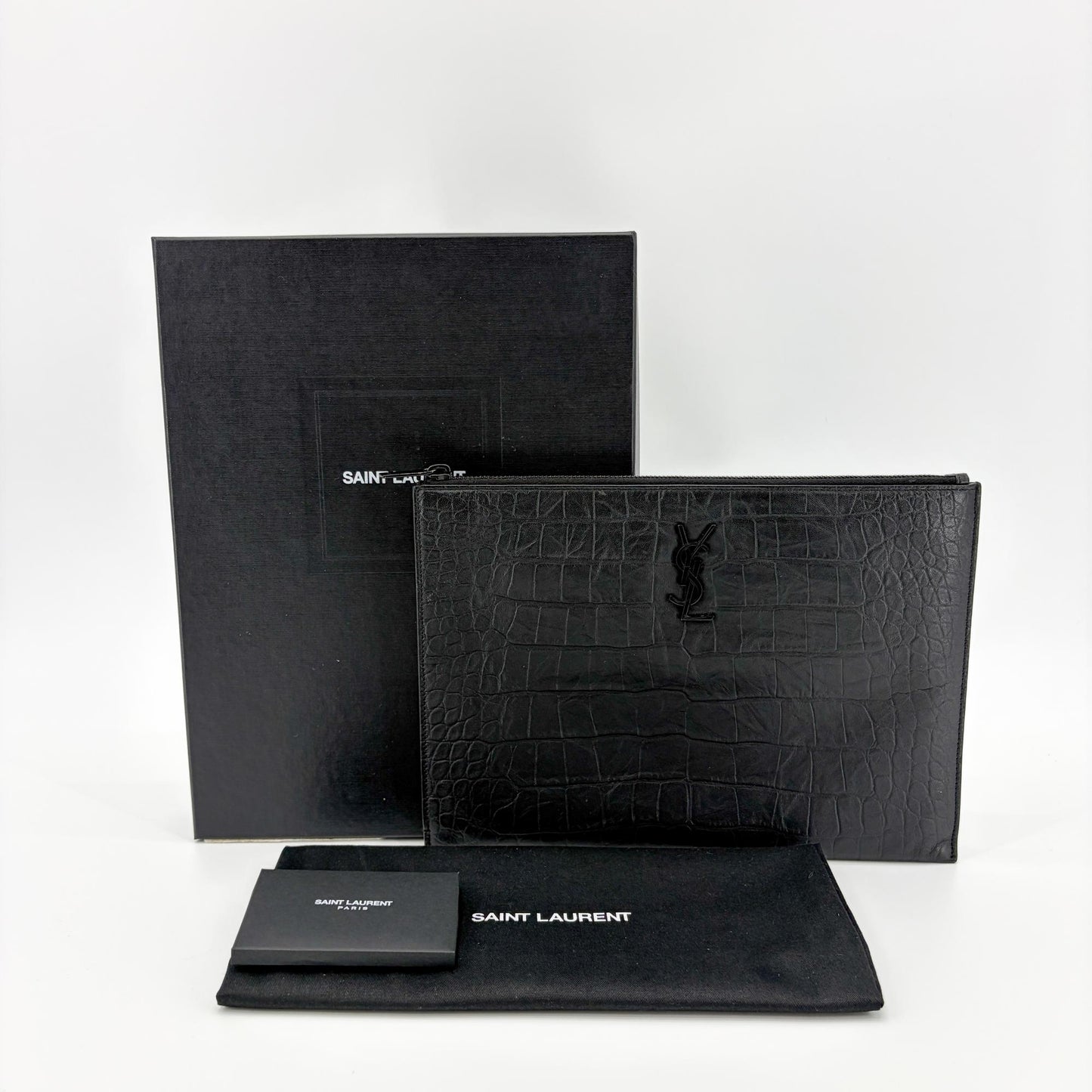 Saint Laurent Monogram Crocodile Embossed Leather Document Holder Black