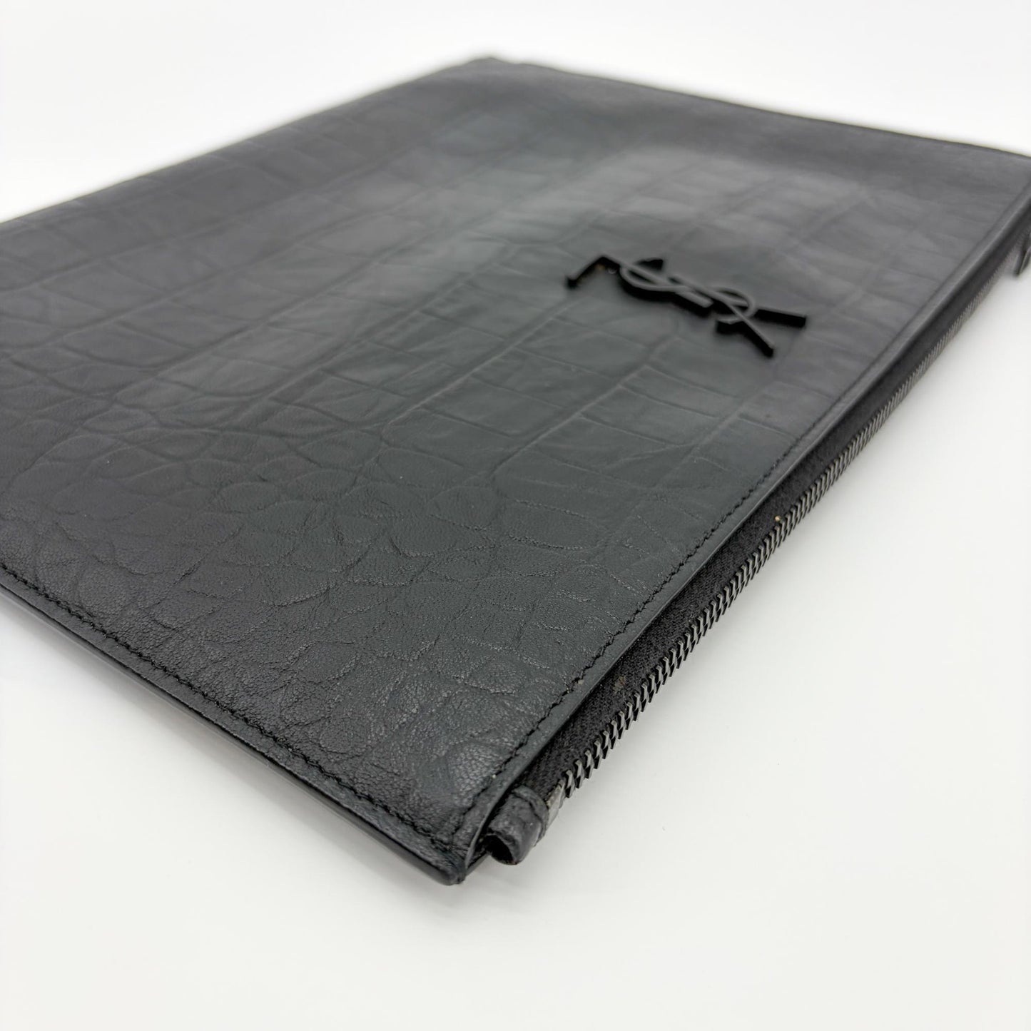 Saint Laurent Monogram Crocodile Embossed Leather Document Holder Black