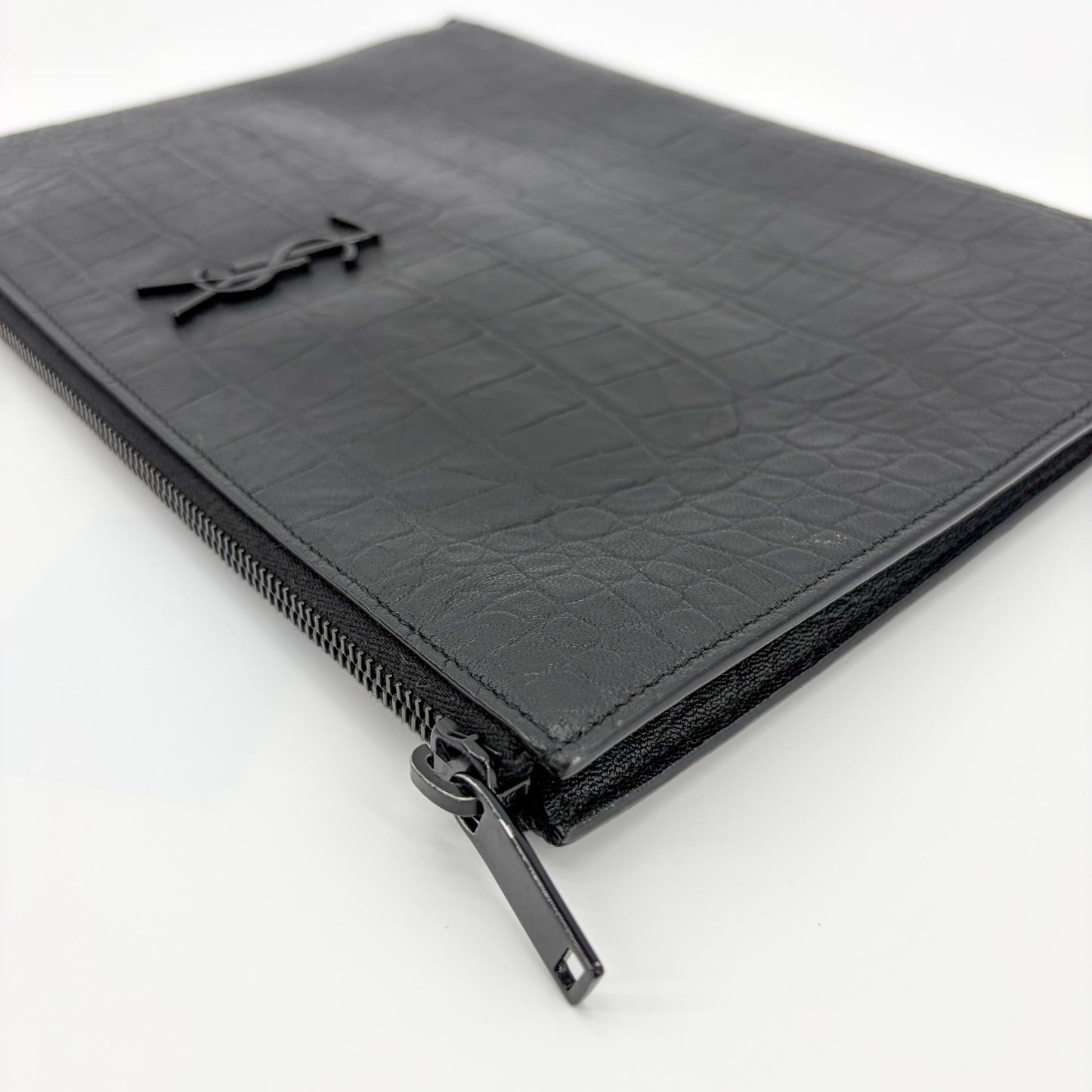 Saint Laurent Monogram Crocodile Embossed Leather Document Holder Black