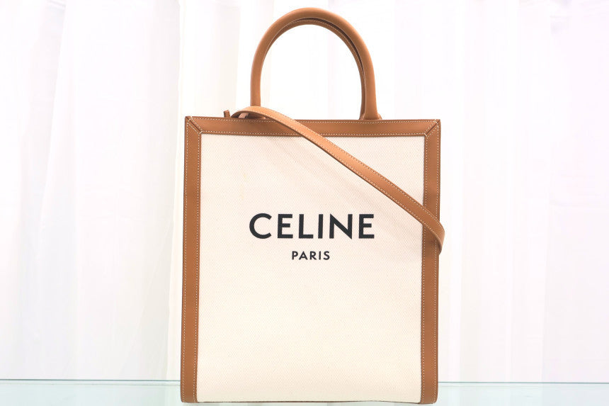 Cabas Bag Small Vertical Print Canvas Calfskin Natural Tan Crossbody Shoulder Tote Bag