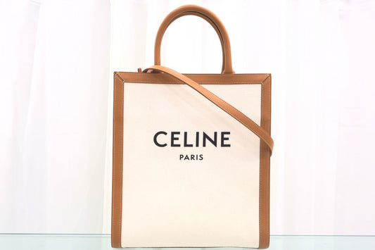 Cabas Bag Small Vertical Print Canvas Calfskin Natural Tan Crossbody Shoulder Tote Bag