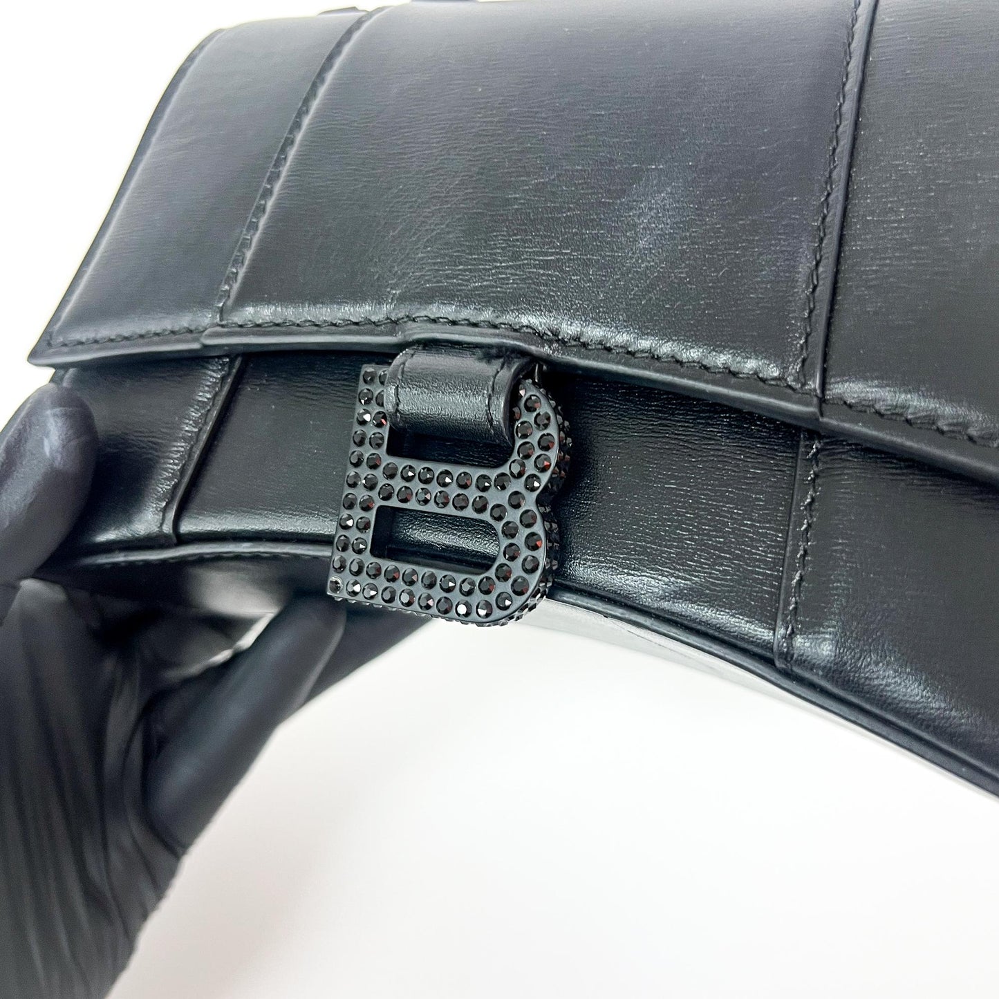 Balenciaga XS Hourglass Top Handle Bag Black Crystal Logo