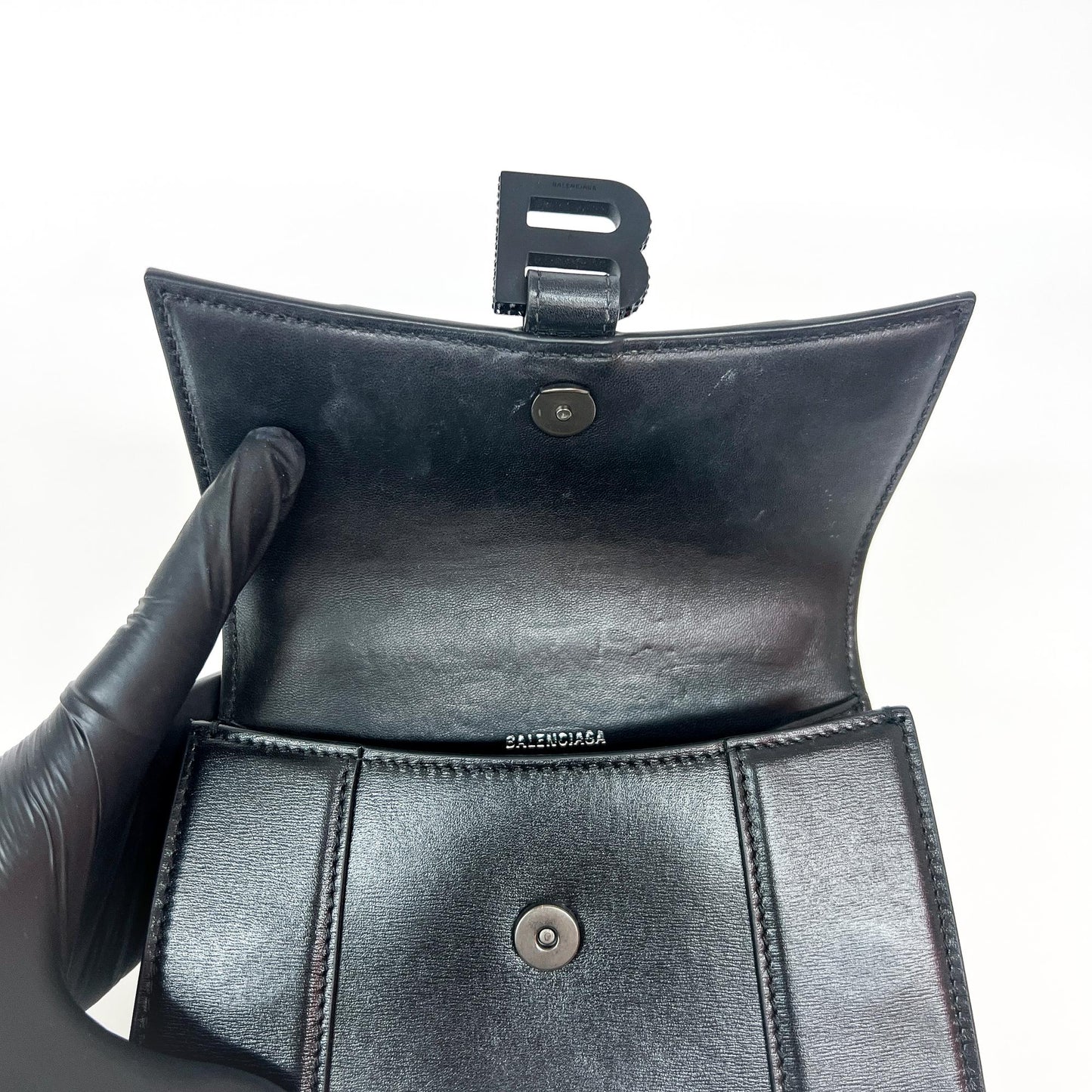 Balenciaga XS Hourglass Top Handle Bag Black Crystal Logo