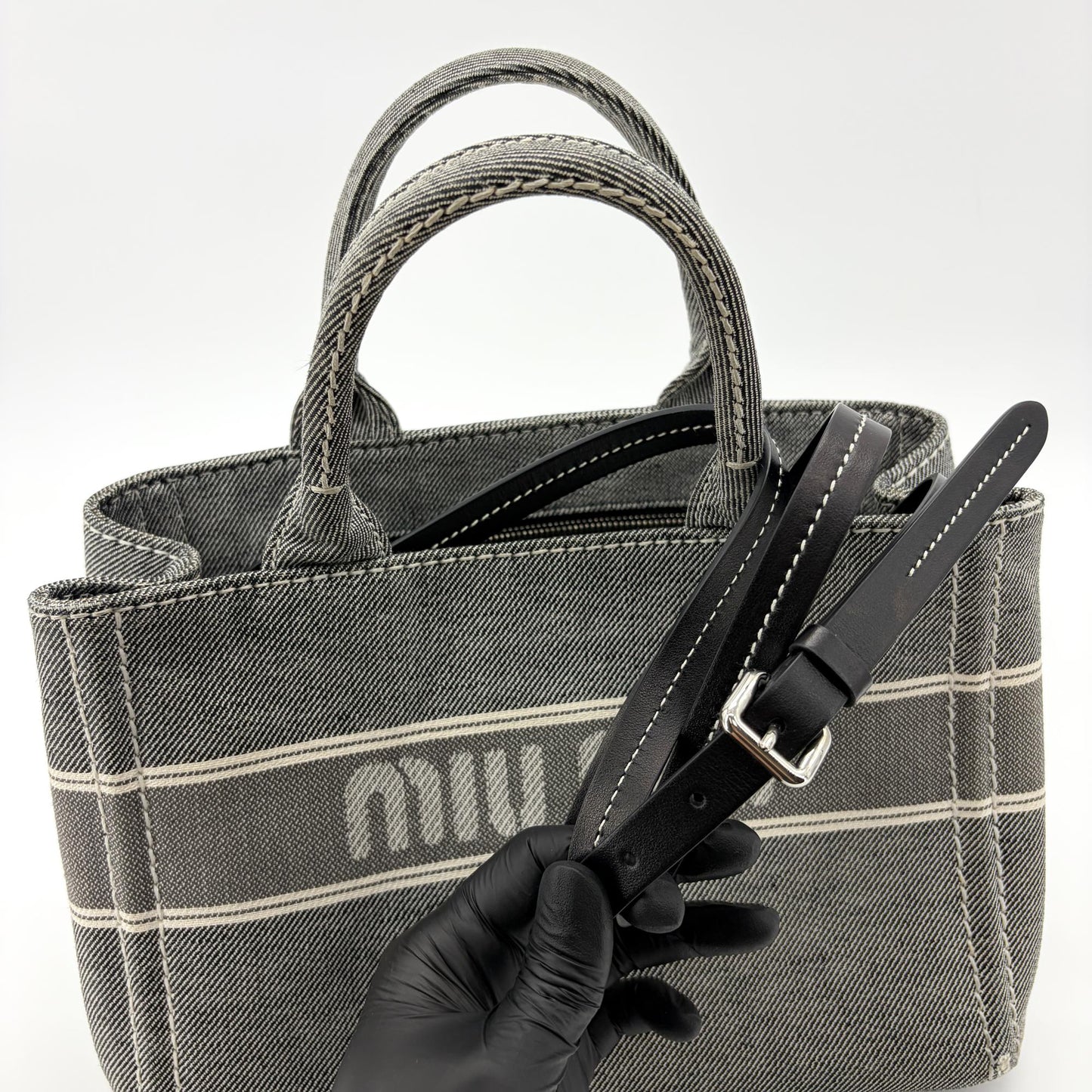Miu Miu Logo Print Denim Tote Bag Black