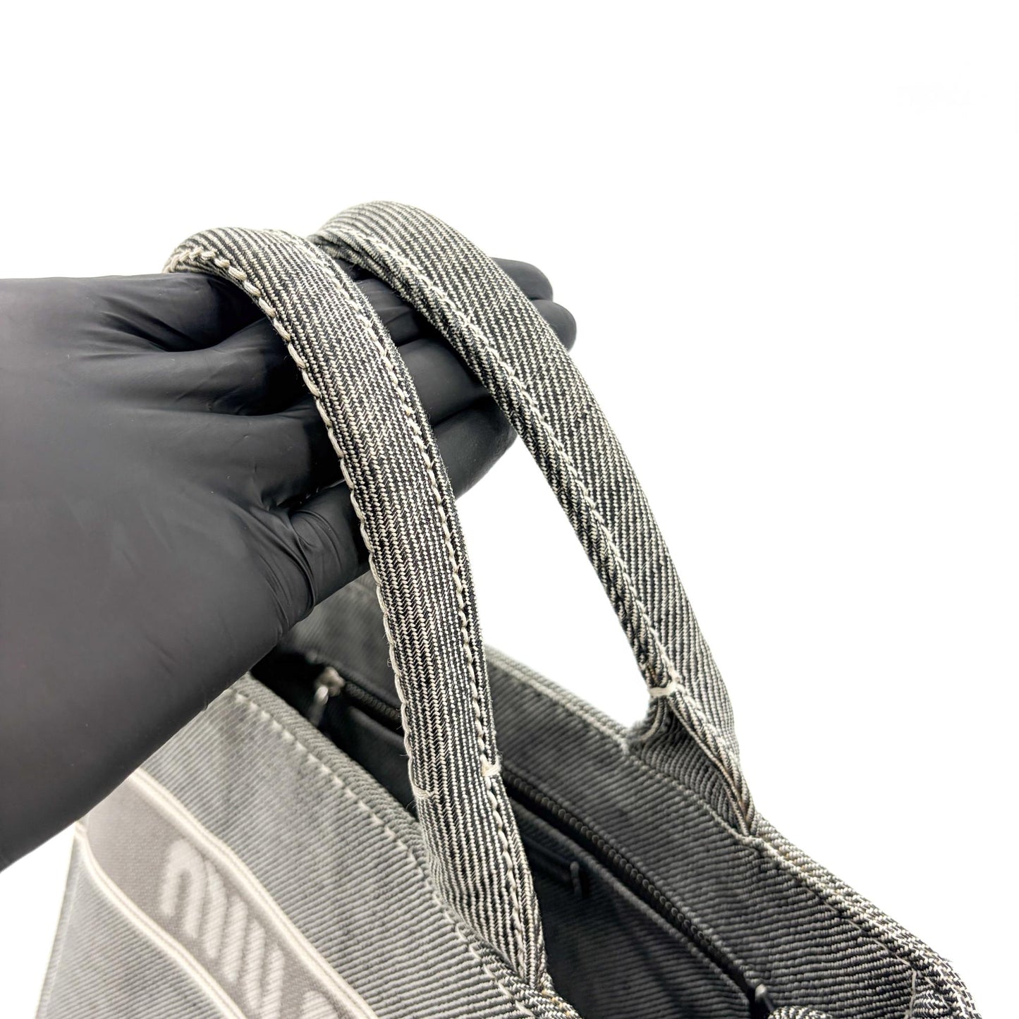 Miu Miu Logo Print Denim Tote Bag Black