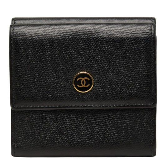 Chanel Coco Mark Double Fold Wallet Black Gold Leather