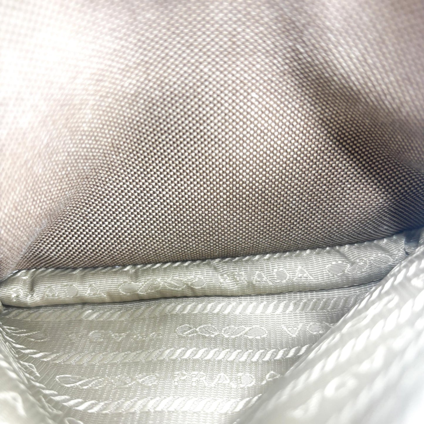 Prada Logo Jacquard Ribbon Canvas Bucket Bag Brown White