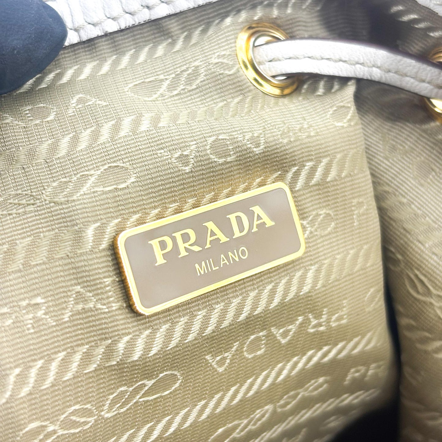 Prada Logo Jacquard Ribbon Canvas Bucket Bag Brown White