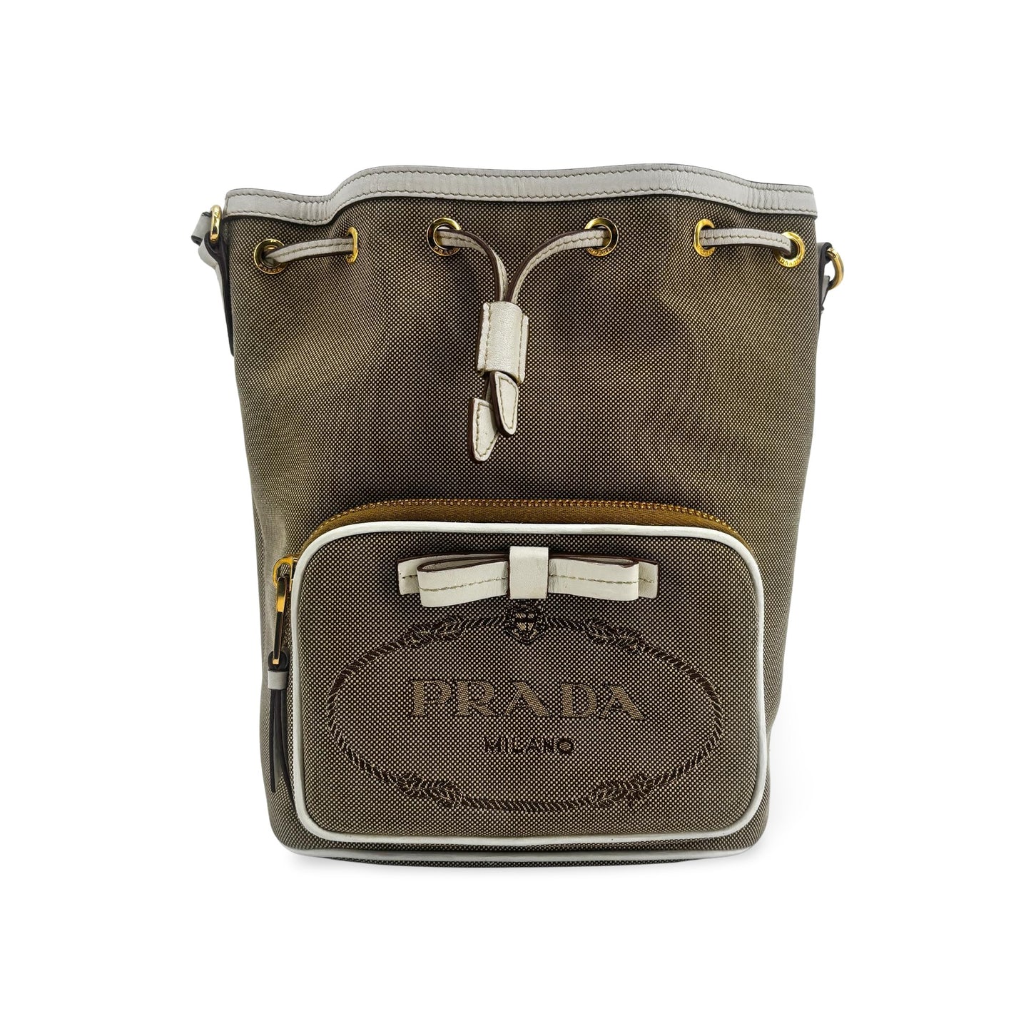 Prada Logo Jacquard Ribbon Canvas Bucket Bag Brown White