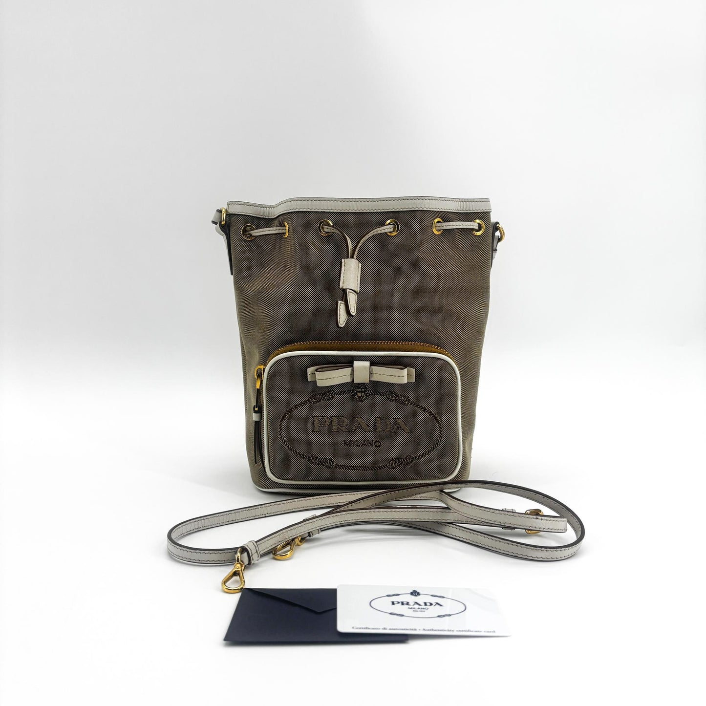 Prada Logo Jacquard Ribbon Canvas Bucket Bag Brown White