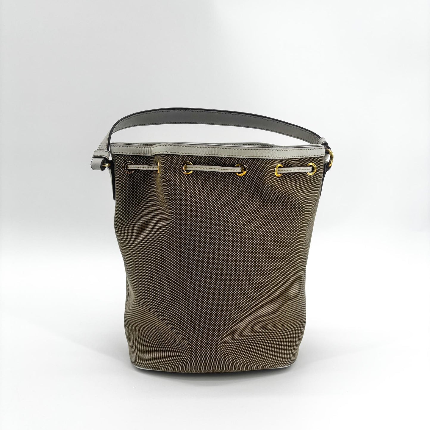 Prada Logo Jacquard Ribbon Canvas Bucket Bag Brown White