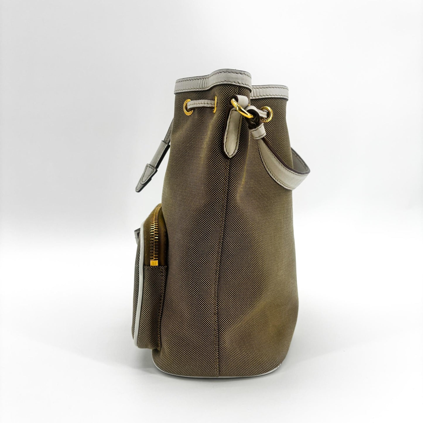 Prada Logo Jacquard Ribbon Canvas Bucket Bag Brown White