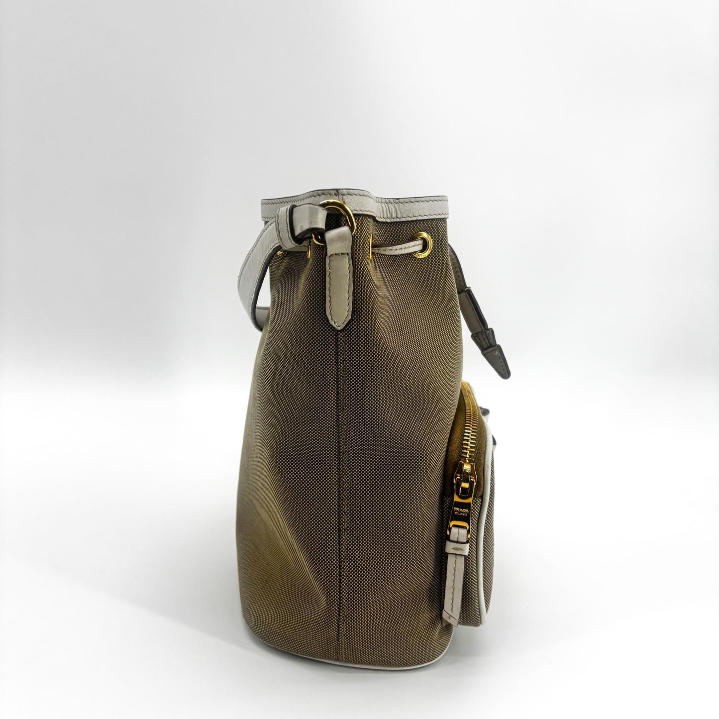 Prada Logo Jacquard Ribbon Canvas Bucket Bag Brown White