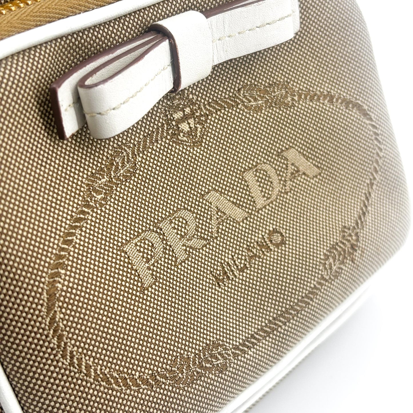 Prada Logo Jacquard Ribbon Canvas Bucket Bag Brown White