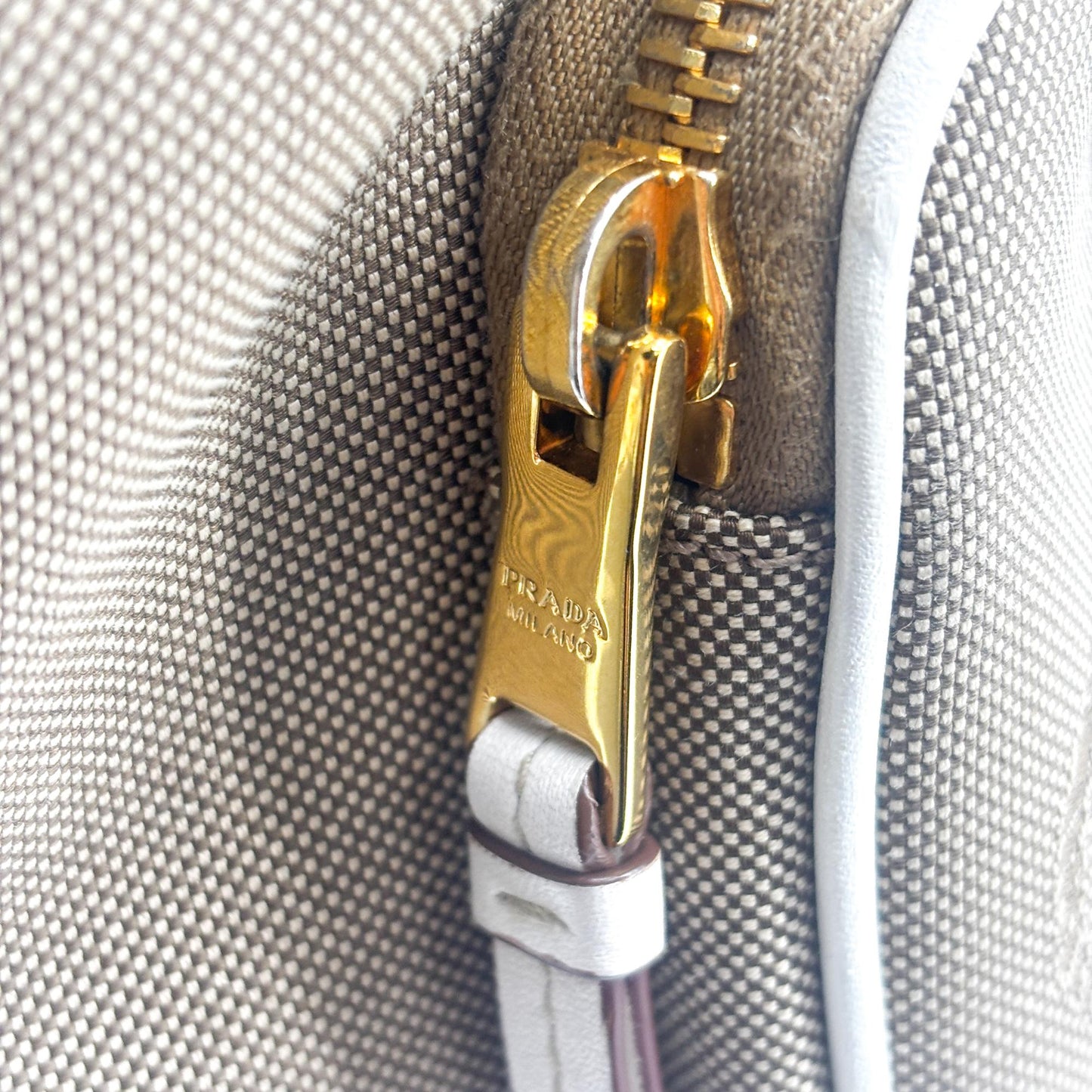 Prada Logo Jacquard Ribbon Canvas Bucket Bag Brown White