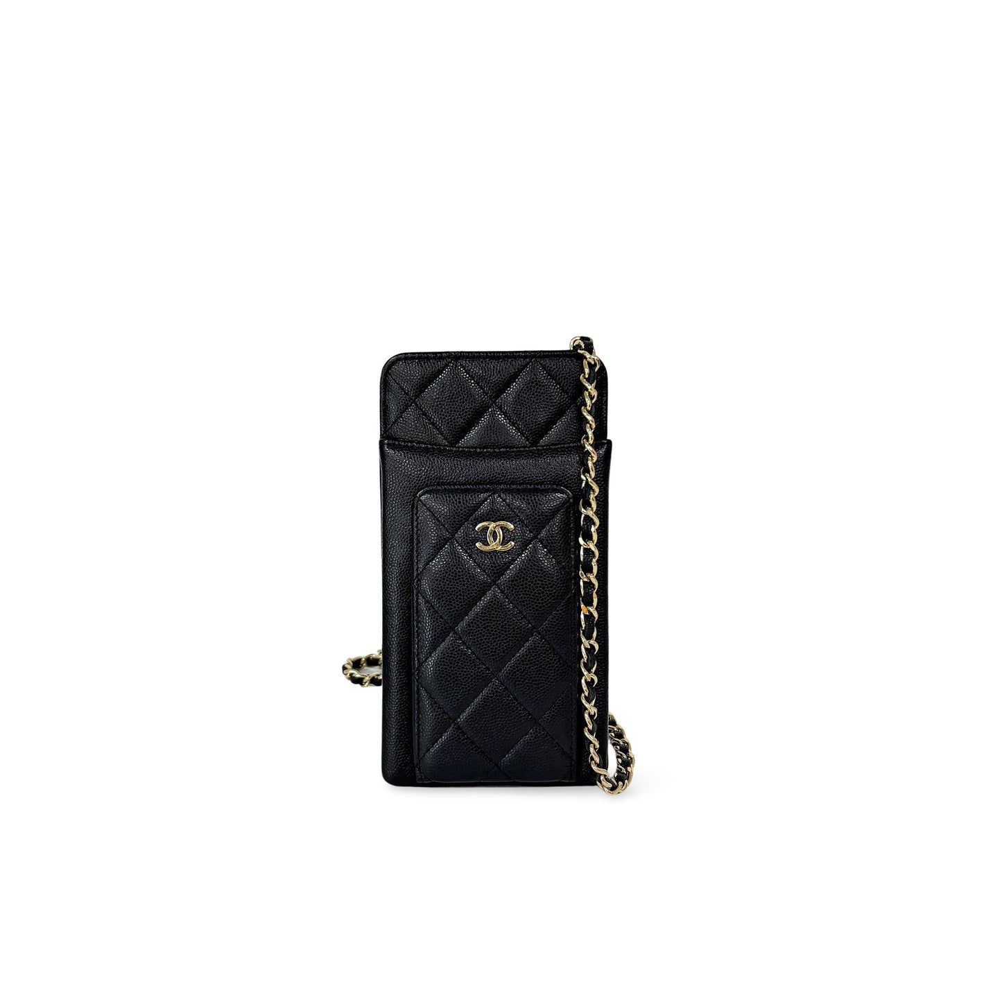Chanel Classic Caviar Phone Holder with Chain Black Gold Hardware