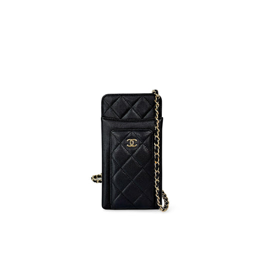 Chanel Classic Caviar Phone Holder with Chain Black Gold Hardware