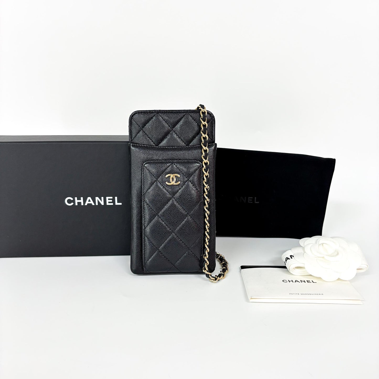 Chanel Classic Caviar Phone Holder with Chain Black Gold Hardware