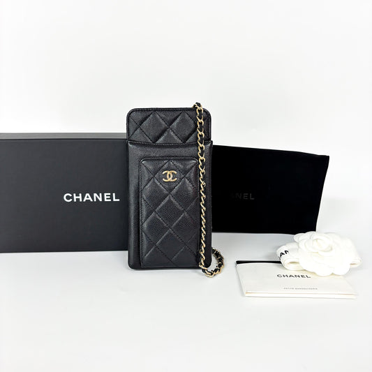 Chanel Classic Caviar Phone Holder with Chain Black Gold Hardware