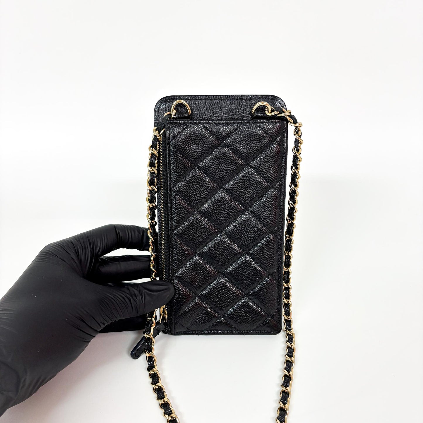 Chanel Classic Caviar Phone Holder with Chain Black Gold Hardware