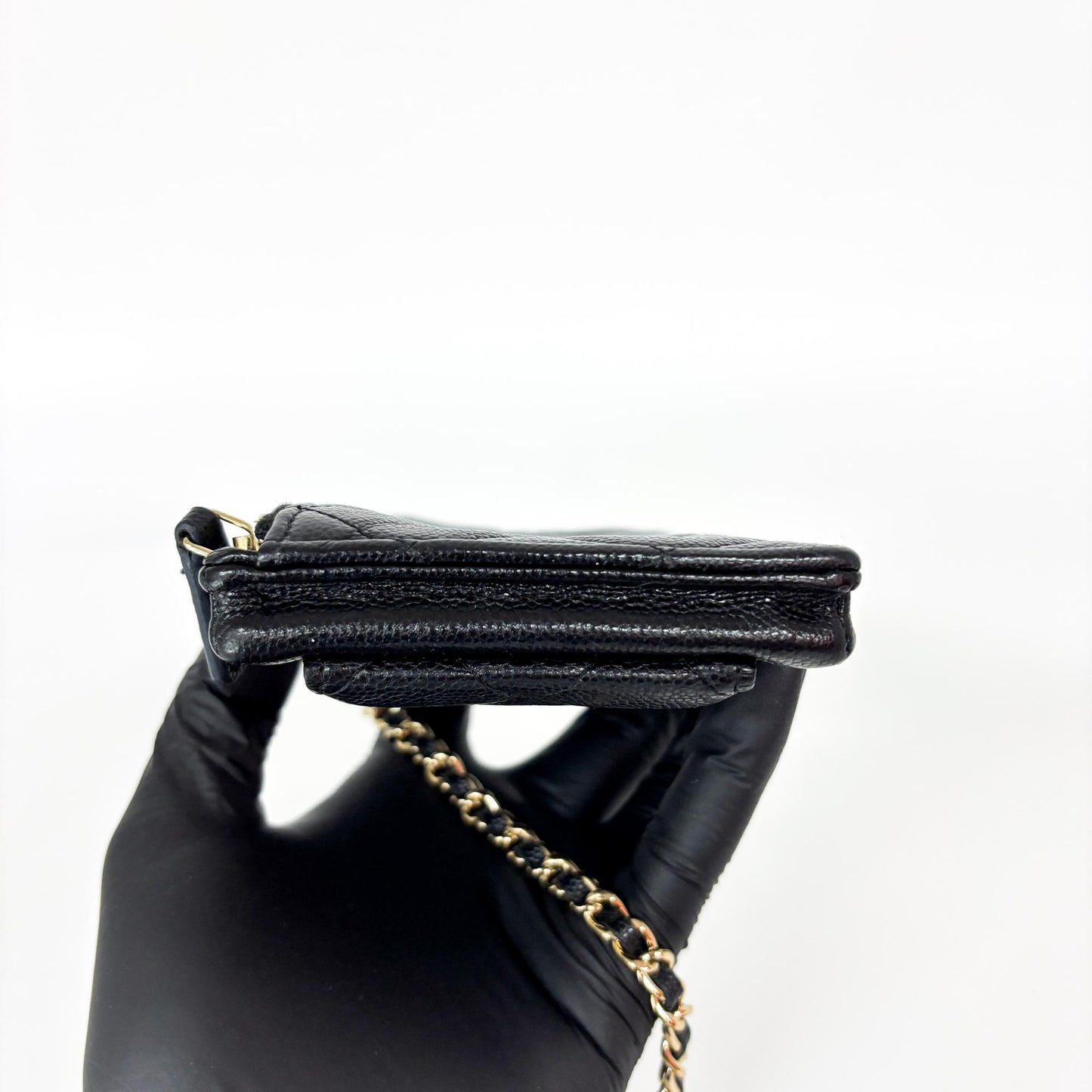 Chanel Classic Caviar Phone Holder with Chain Black Gold Hardware