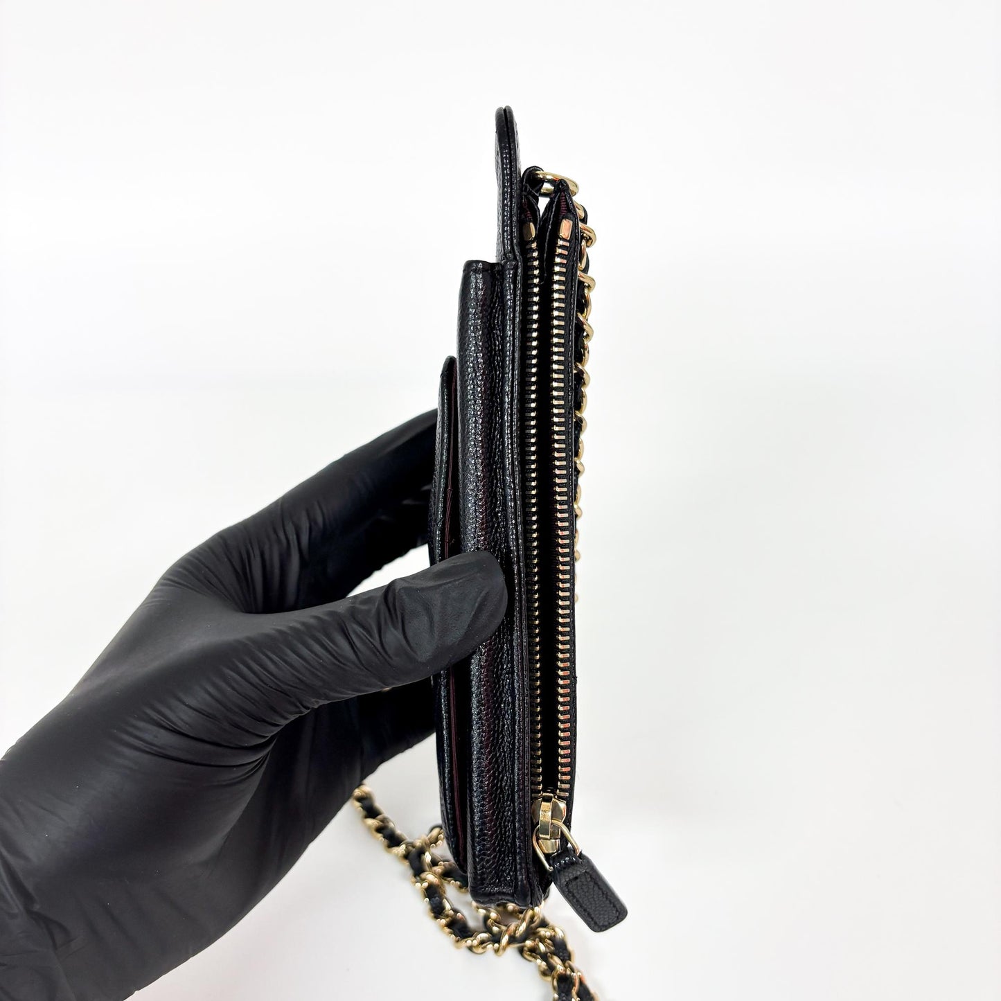 Chanel Classic Caviar Phone Holder with Chain Black Gold Hardware