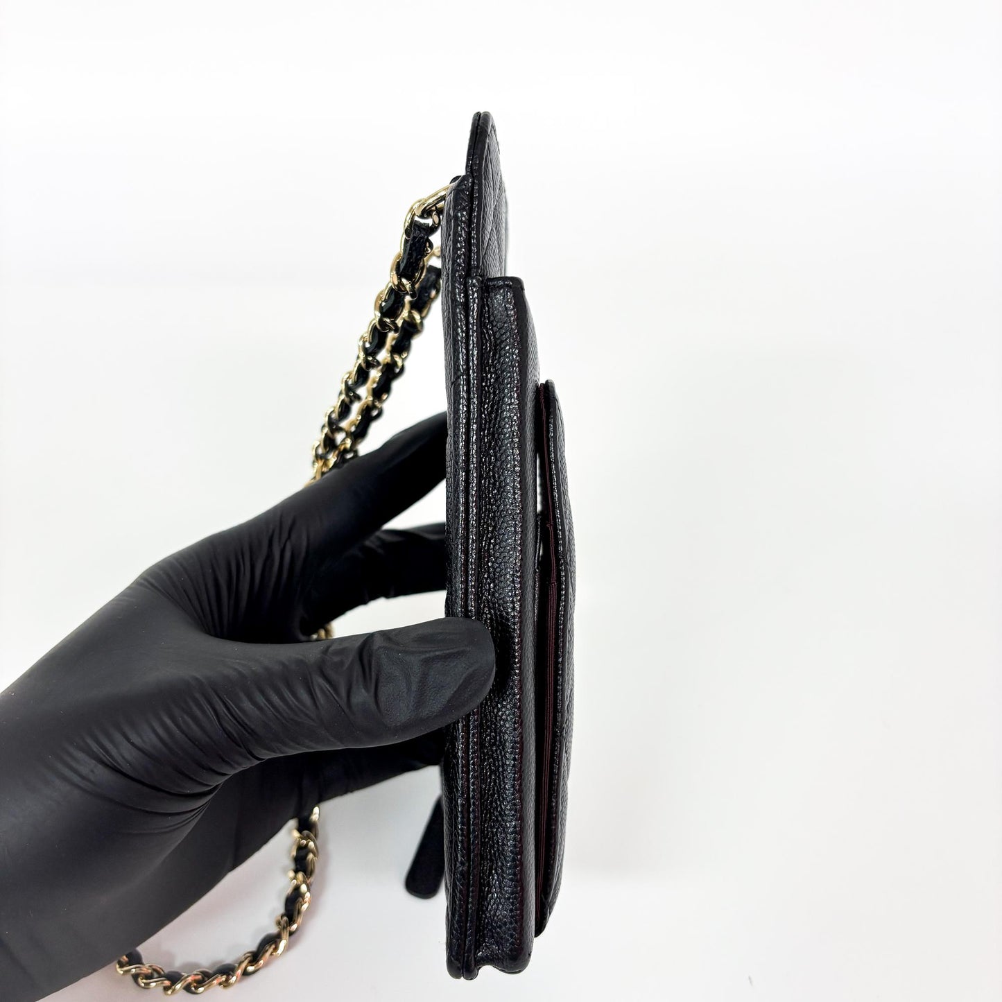 Chanel Classic Caviar Phone Holder with Chain Black Gold Hardware