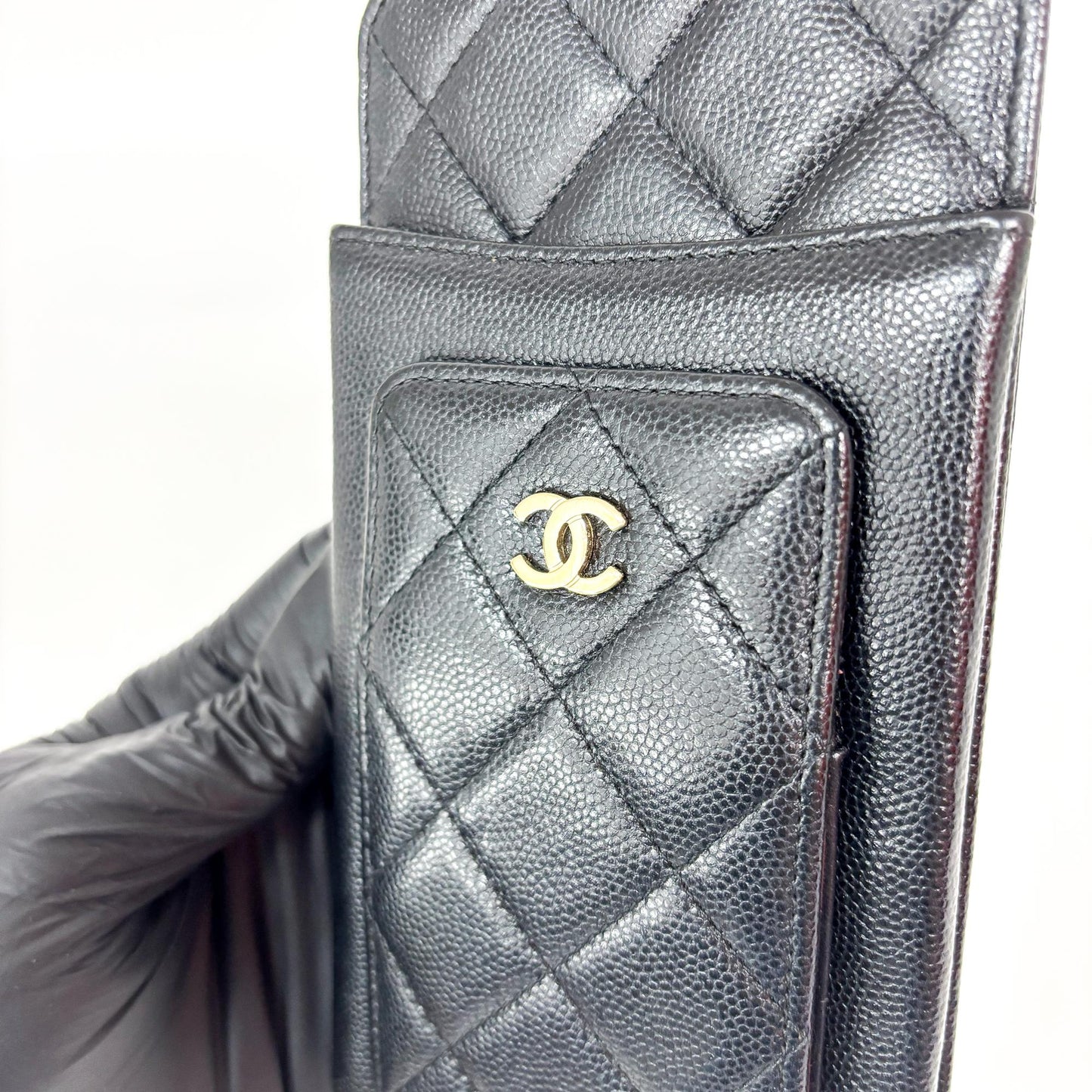 Chanel Classic Caviar Phone Holder with Chain Black Gold Hardware