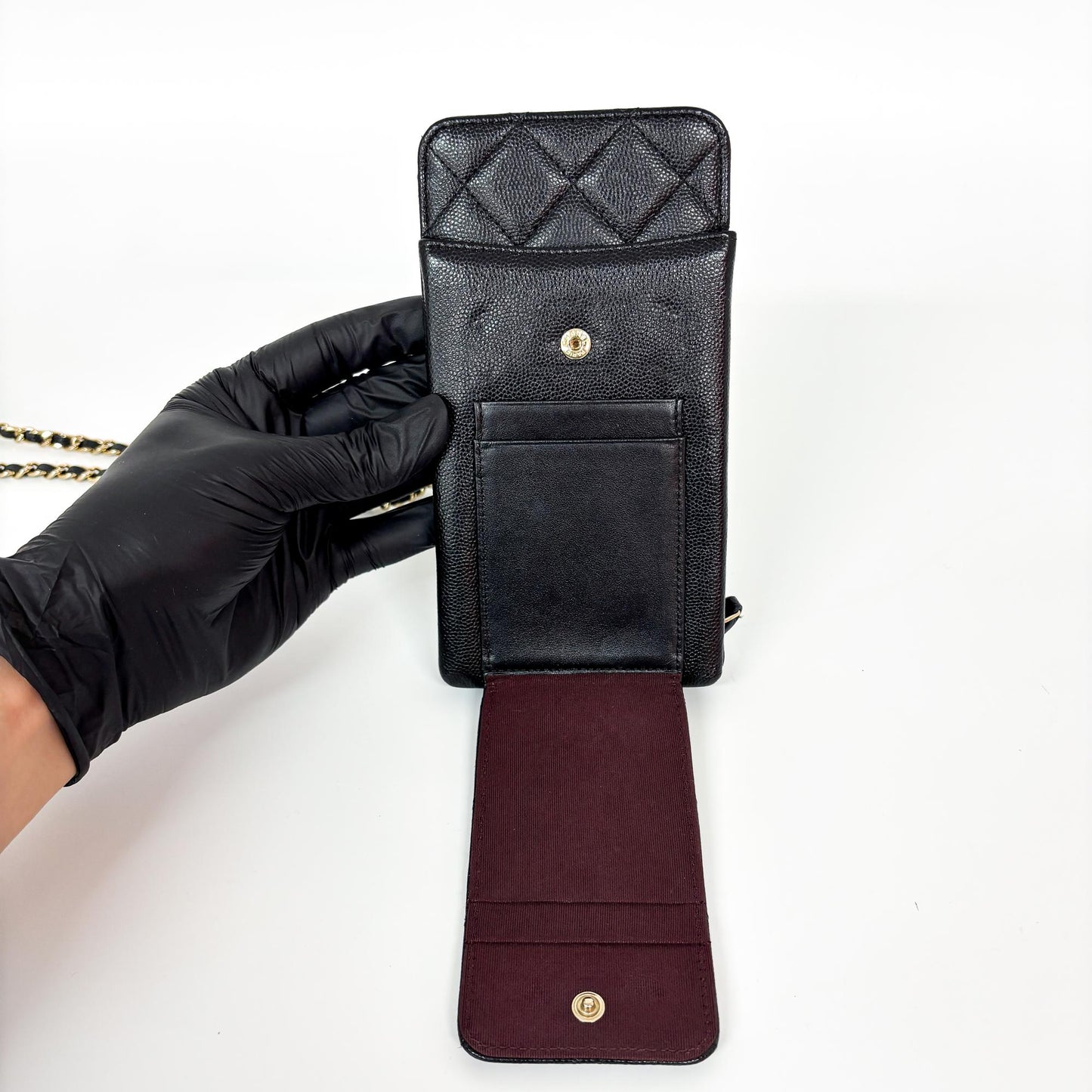 Chanel Classic Caviar Phone Holder with Chain Black Gold Hardware