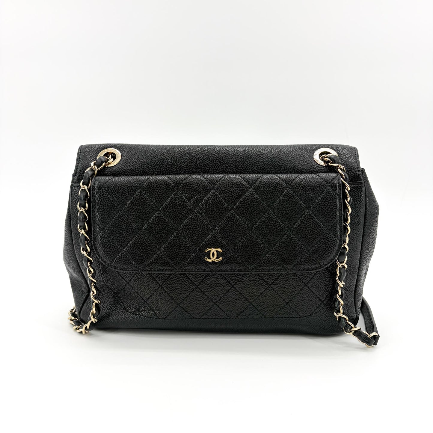 Chanel Large Caviar Quilted CC Flap Bag Black Gold Hardware