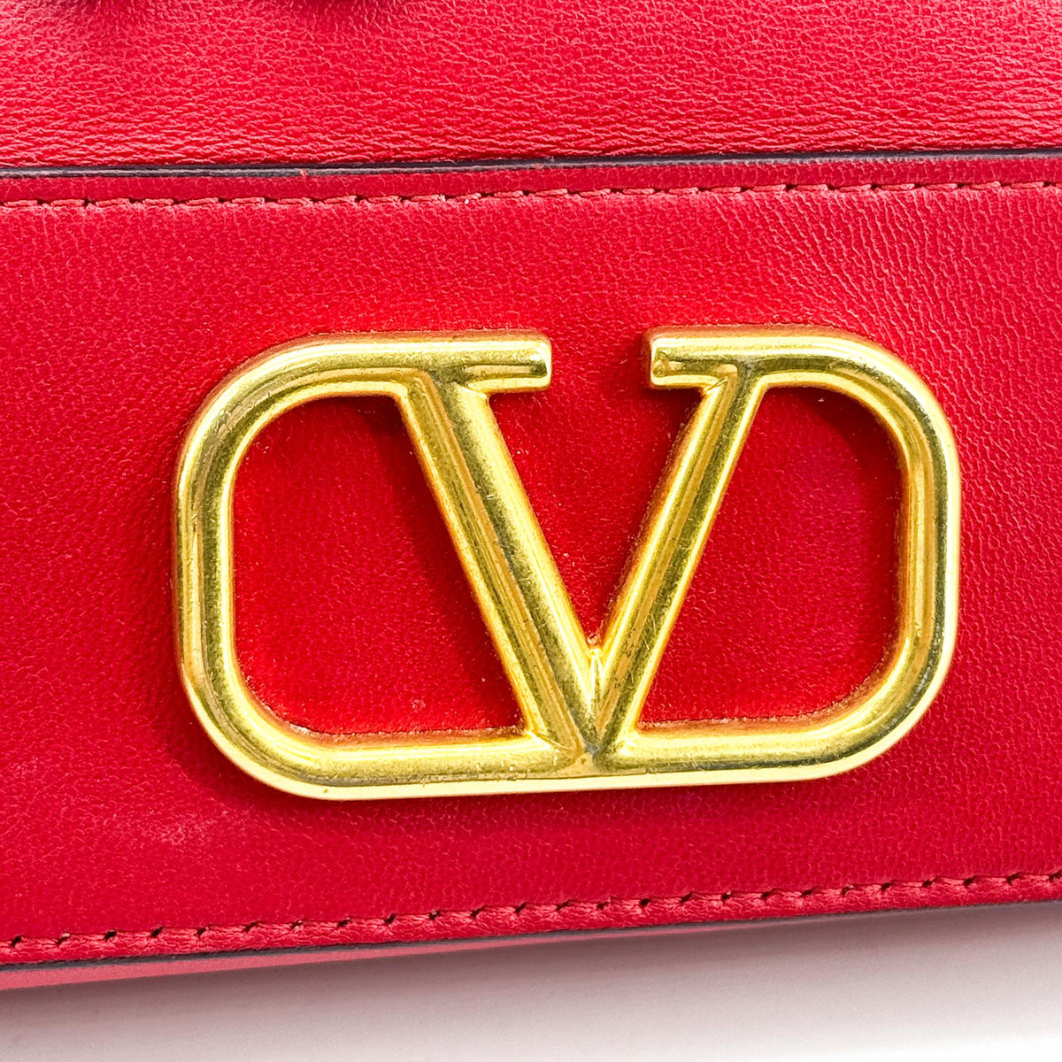 Valentino V-Logo Signature Leather Small Bucket Bag Red