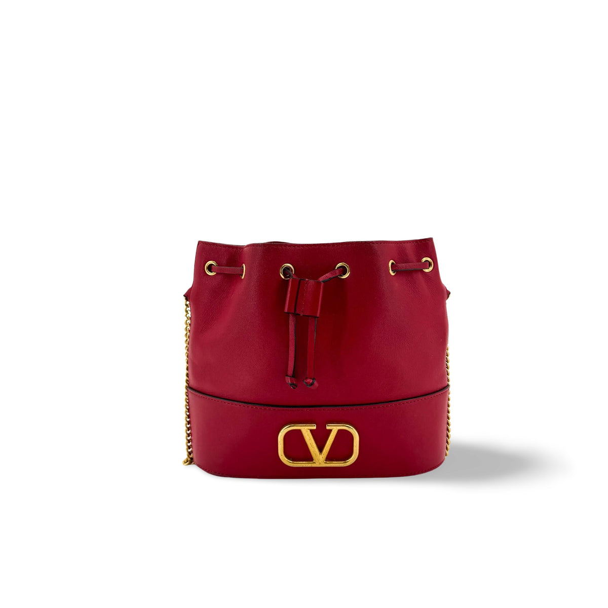 Valentino V-Logo Signature Leather Small Bucket Bag Red