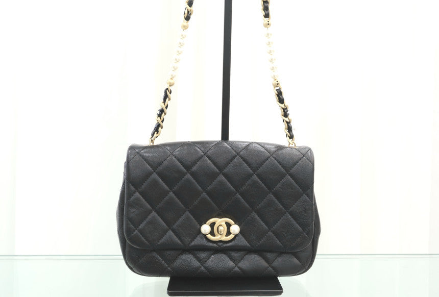 Black Pearl CC Pearl Flap Chain Shoulder Bag AS3001