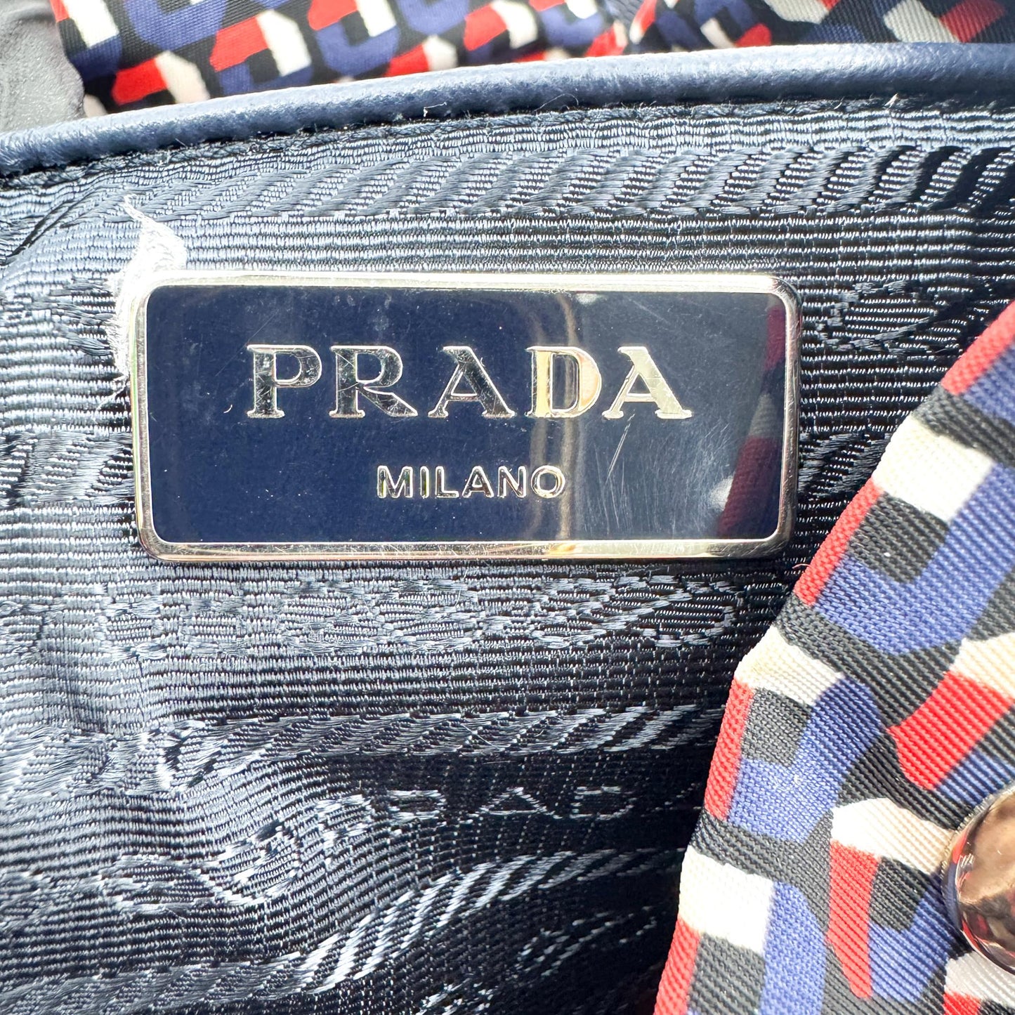 Prada Geometric Print Nylon Backpack Navy Red