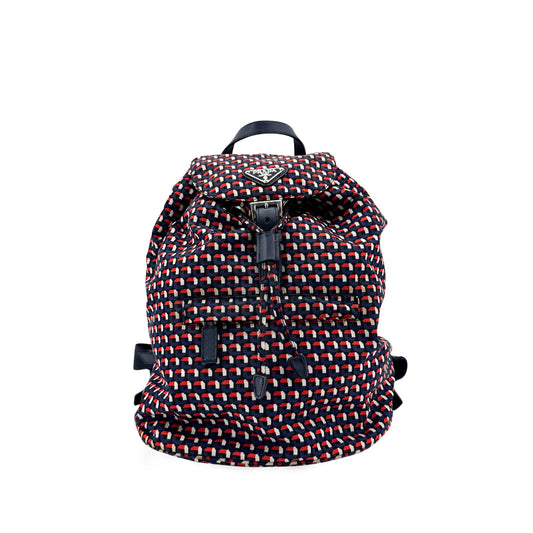 Prada Geometric Print Nylon Backpack Navy Red