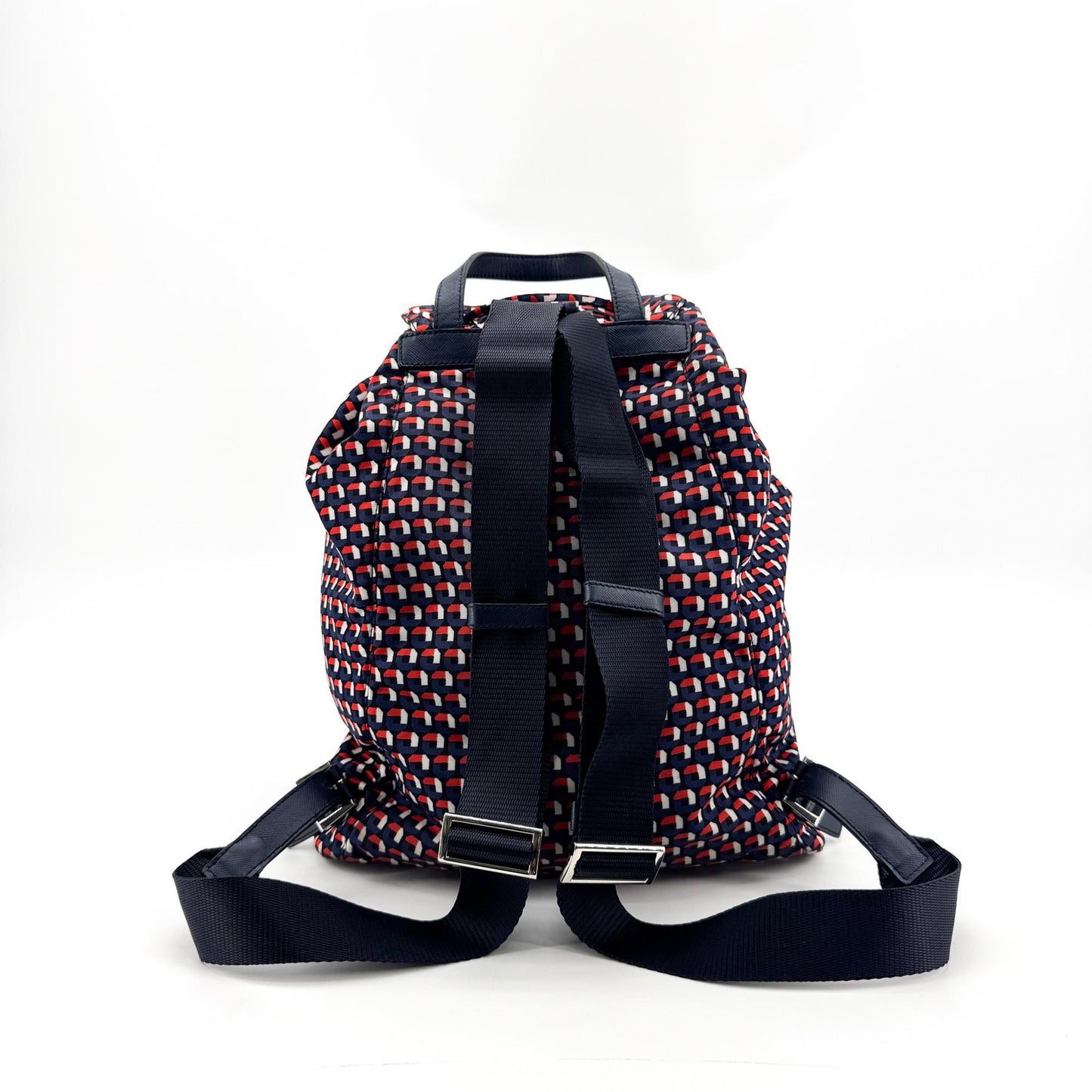 Prada Geometric Print Nylon Backpack Navy Red