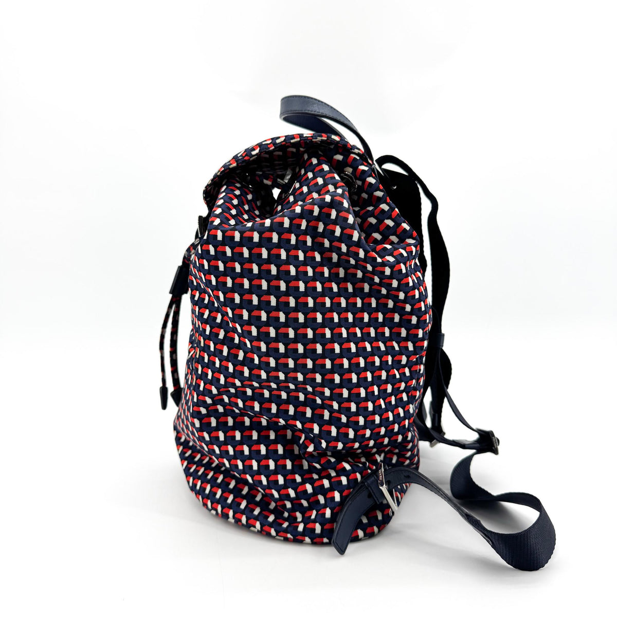 Prada Geometric Print Nylon Backpack Navy Red